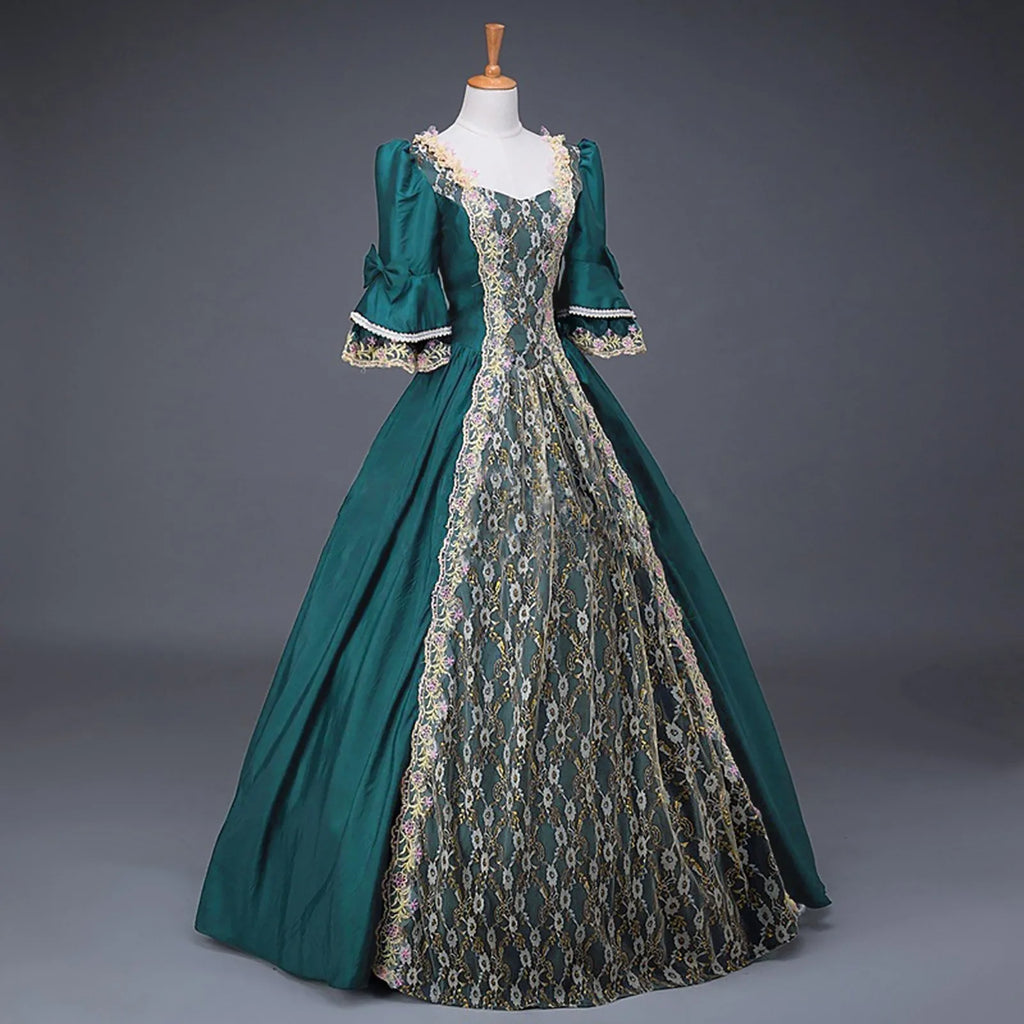 Dramatic Renaissance-Inspired Ball Gown with Ornate Brocade Panel and Flared Sleeves