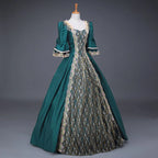 Dramatic Renaissance-Inspired Ball Gown with Ornate Brocade Panel and Flared Sleeves