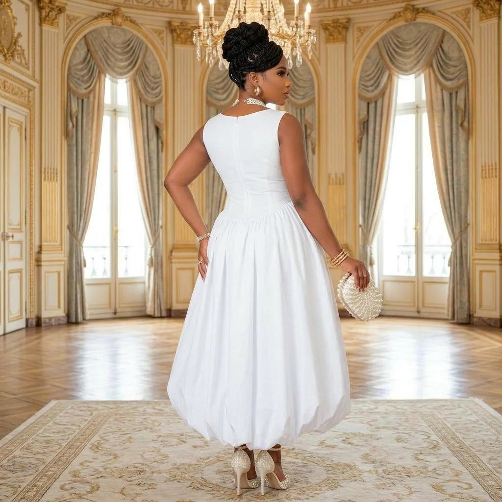 Elegant White Sleeveless Midi Dress with Voluminous Bubble Hem
