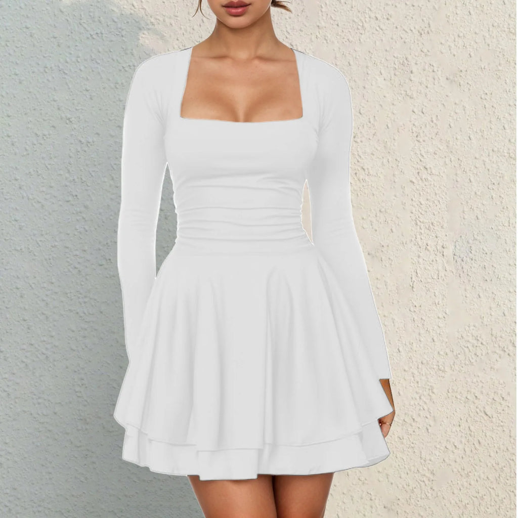 Square Neck Long Sleeve Mini Dress with Structured Waist and Ruffle Hem