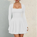 Square Neck Long Sleeve Mini Dress with Structured Waist and Ruffle Hem