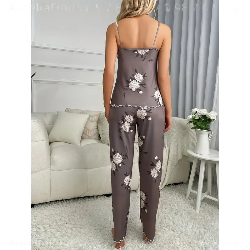 Floral Camisole and Bow-Detail Long Pants Pajama Set with Fine Straps, Coordinated Print and Elegant Relaxed Silhouette
