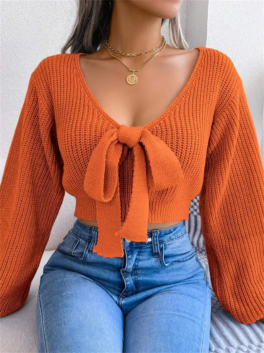 Women's V-Neck Bow Tie Front Cropped Knit Sweater With Relaxed Sleeves