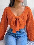 Women's V-Neck Bow Tie Front Cropped Knit Sweater With Relaxed Sleeves