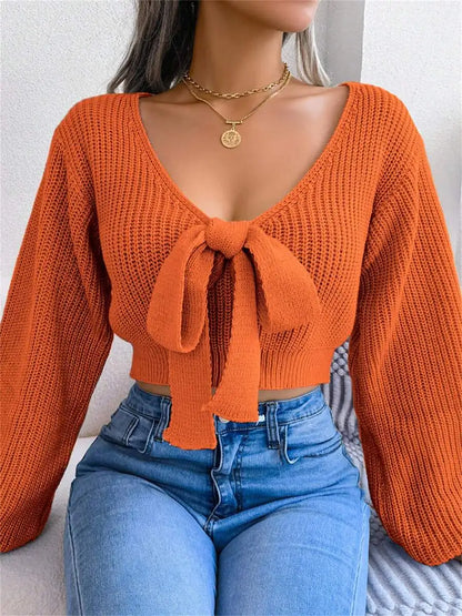 Women's V-Neck Bow Tie Front Cropped Knit Sweater With Relaxed Sleeves