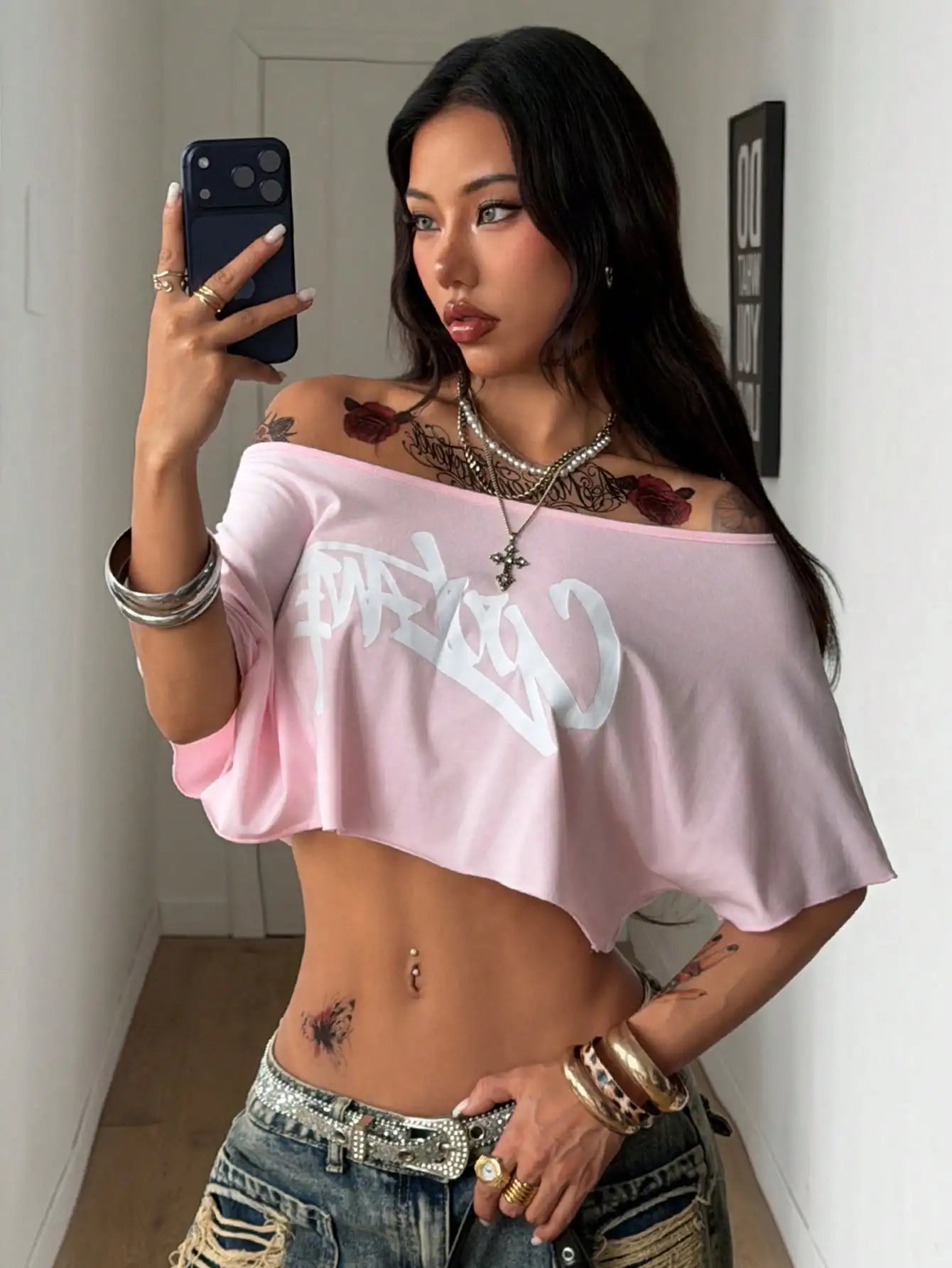 Off Shoulder Graphic Crop Tee with Relaxed Streetwear Inspired Silhouette