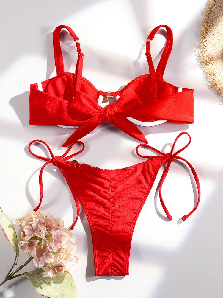 Vibrant Red Ruched Underwire Bikini Set with Metallic Ring Hardware