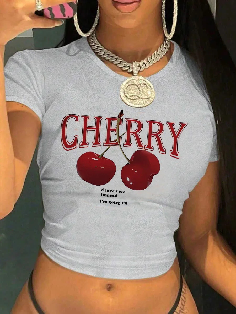 Women's Cherry Graphic Baby Crop Top for Casual Y2K Streetwear Everyday Fashion Style
