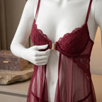 Romantic Deep Red Open-Front Babydoll with Lace Bodice and Matching Panty
