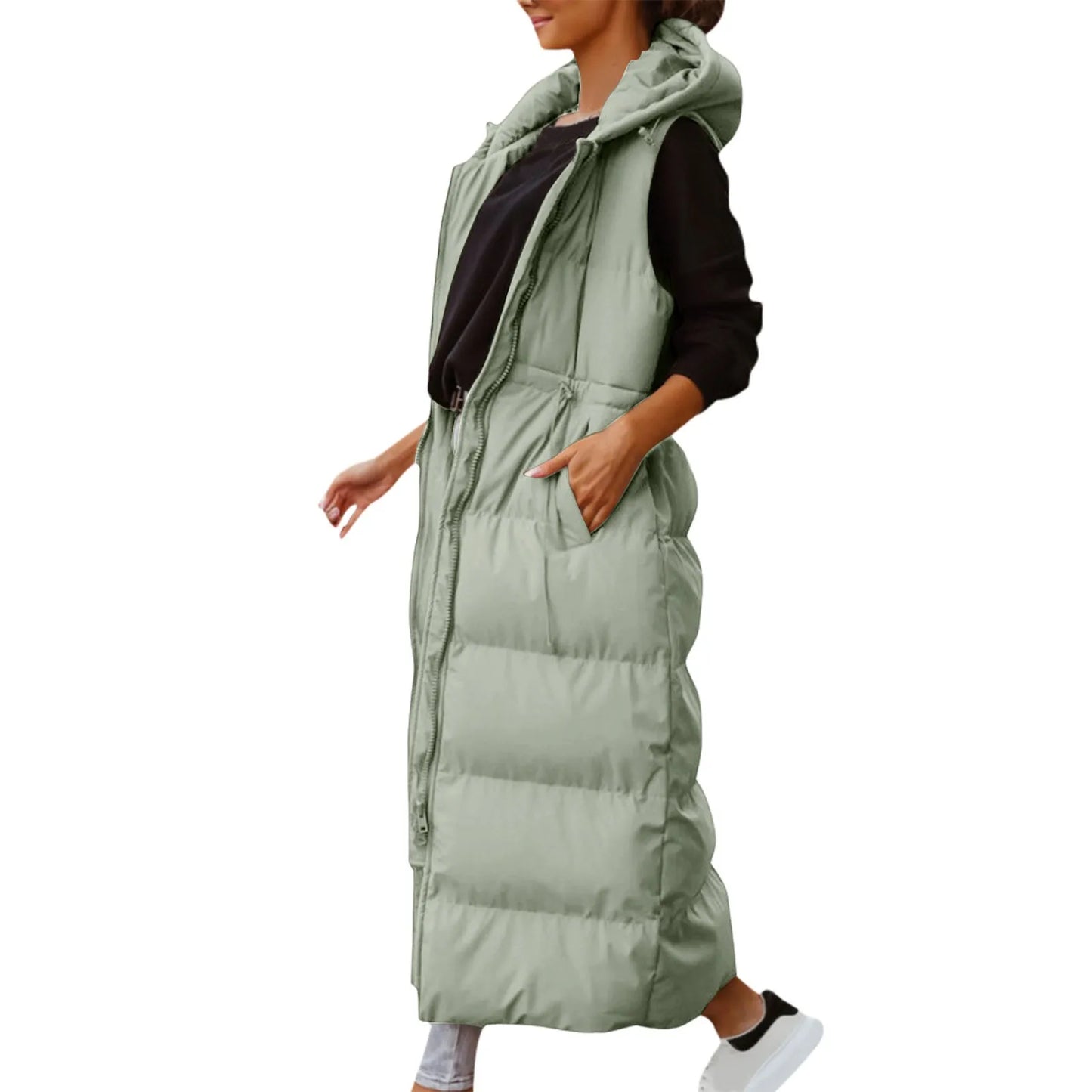 Women's Long Hooded Quilted Puffer Vest Relaxed Casual Winter Layering Outerwear