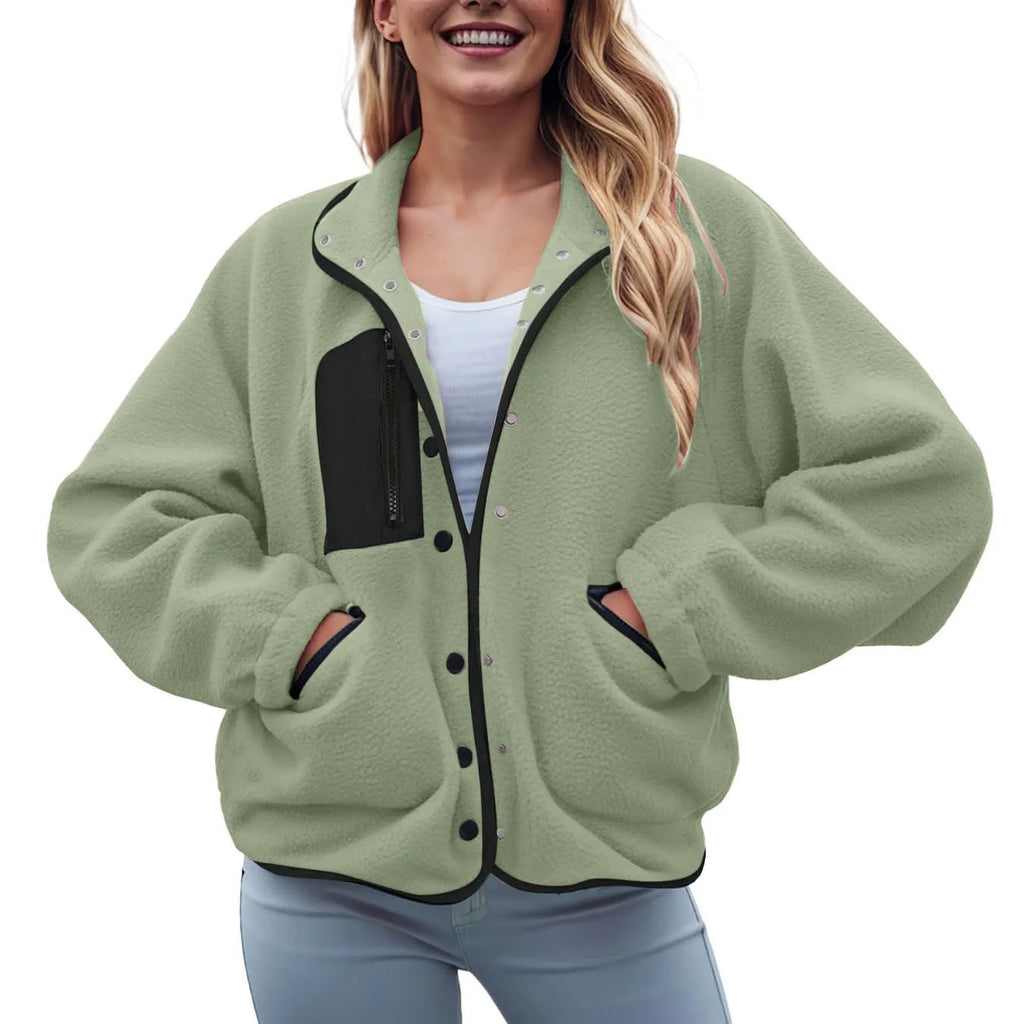 Women's Cropped Teddy Fleece Button Front Jacket Cozy Casual Everyday Layering Outerwear
