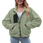 Women's Cropped Teddy Fleece Button Front Jacket Cozy Casual Everyday Layering Outerwear