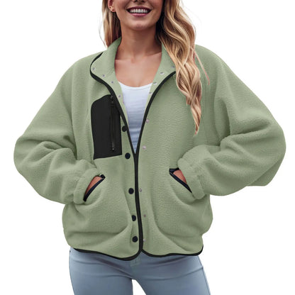 Women's Cropped Teddy Fleece Button Front Jacket Cozy Casual Everyday Layering Outerwear