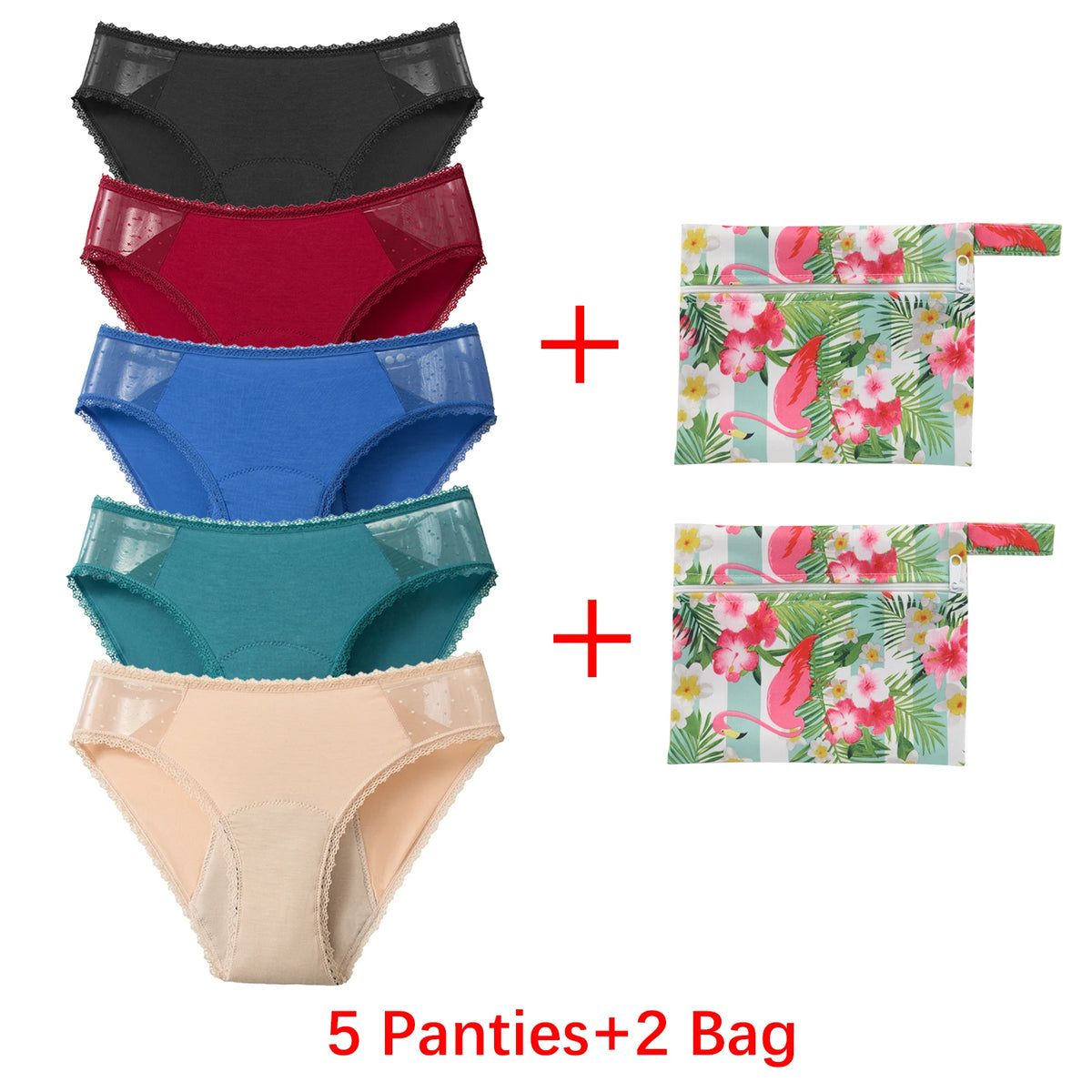 Five-Piece Black Menstrual Brief Set with Sheer Mesh Panels and Travel Bags