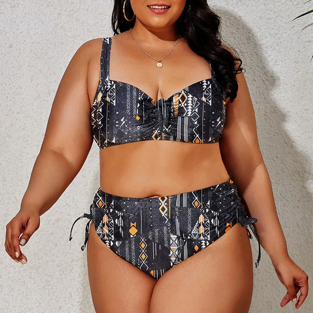 Navy Blue Floral Medallion Two-Piece Bikini Set with High-Waisted Bottom, Shaped Top and Adjustable Side-Tie Details