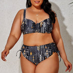 Navy Blue Floral Medallion Two-Piece Bikini Set with High-Waisted Bottom, Shaped Top and Adjustable Side-Tie Details