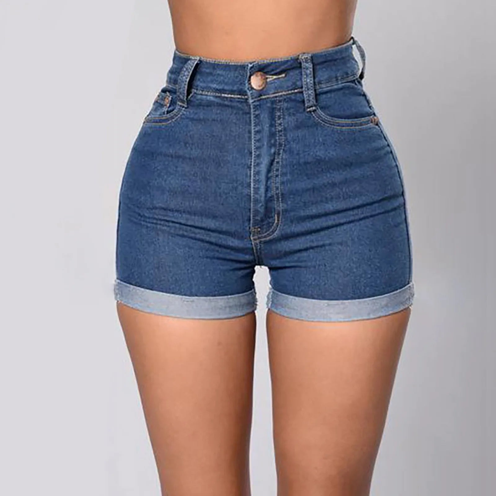 Women's High Waist Denim Shorts with Rolled Hem Slim Fit and Classic Everyday Style