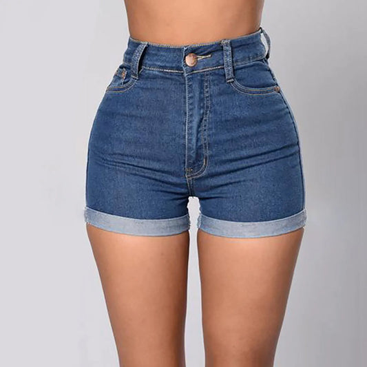 Women's High Waist Denim Shorts with Rolled Hem Slim Fit and Classic Everyday Style