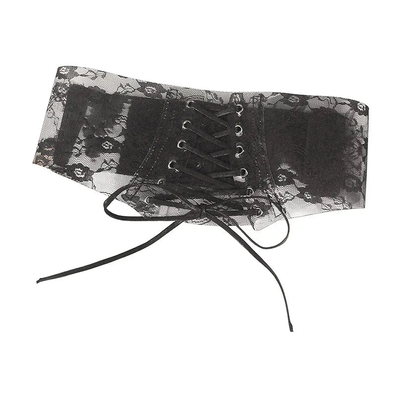 Sheer Lace Corset Belt with Lace-Up Front and Structured Waist Design