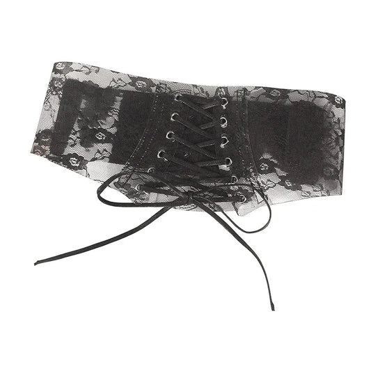 Sheer Lace Corset Belt with Lace-Up Front and Structured Waist Design