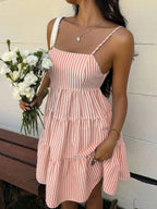 Striped Camisole Tiered Mini Dress With Square Neck And Flowy A-Line Fit