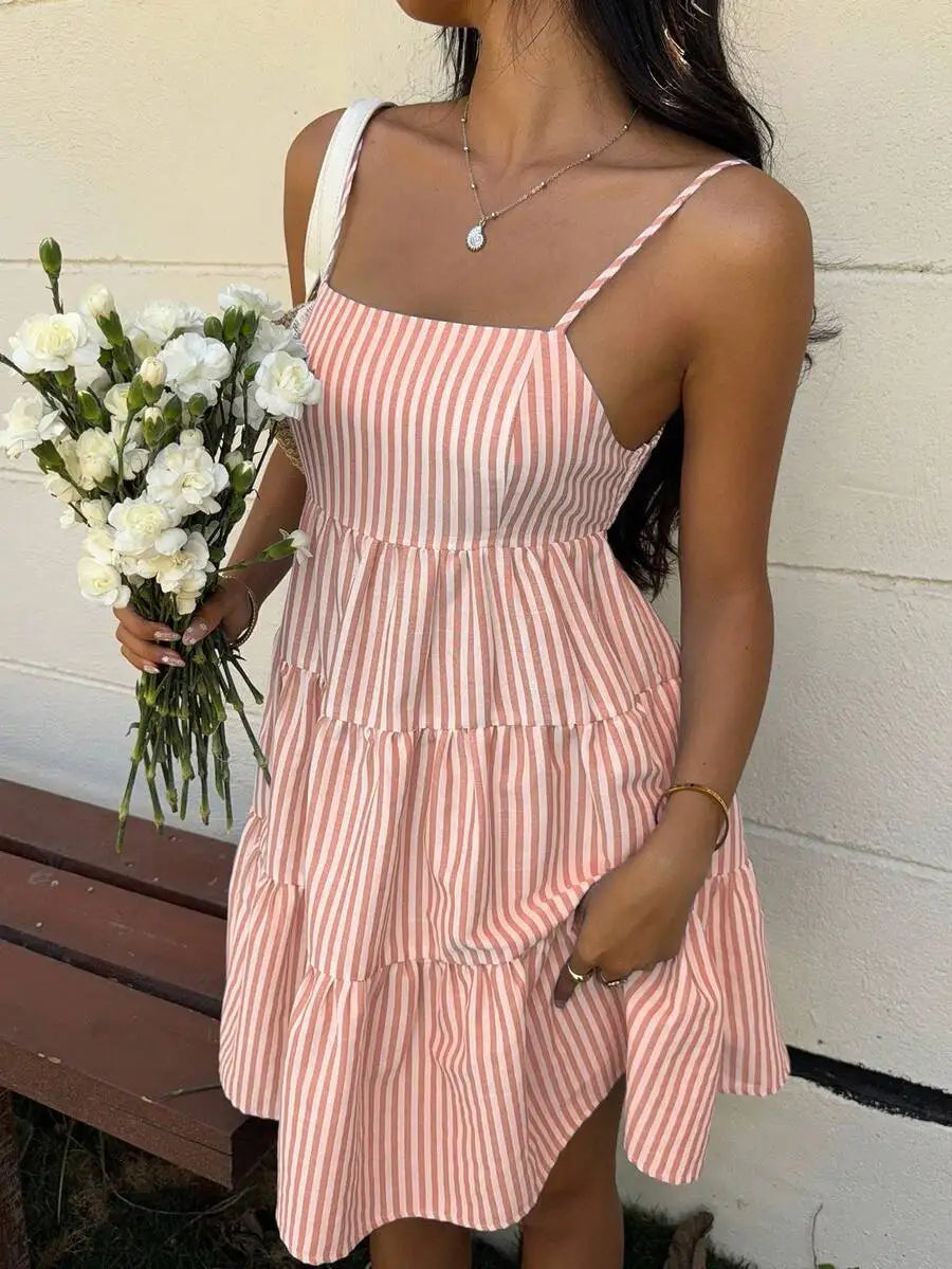 Striped Camisole Tiered Mini Dress With Square Neck And Flowy A-Line Fit