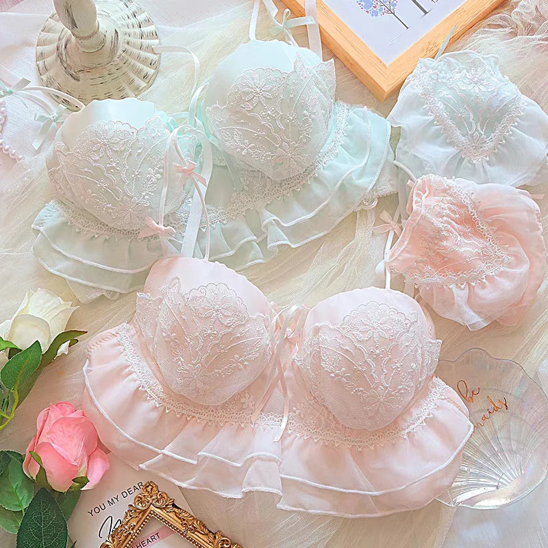 Sweet Peach Ruffled Wire-Free Bralette and Panty Set with Floral Embroidery