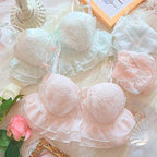 Sweet Peach Ruffled Wire-Free Bralette and Panty Set with Floral Embroidery