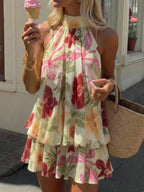 Ruched Halter Neck Tiered Mini Dress With Flowy A-Line Party Silhouette