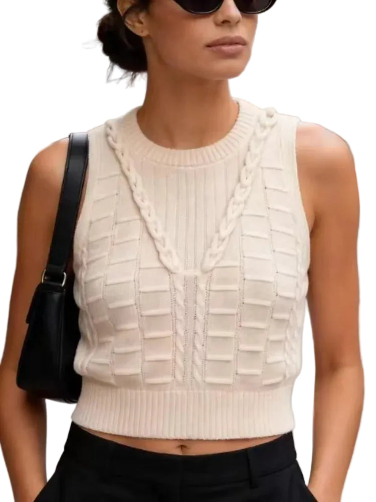 Women's Textured Cable Knit Crop Sweater Vest with Sleeveless Preppy Fit