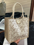 Floral Print Linen Tote Shoulder Bag with Button Closure Design
