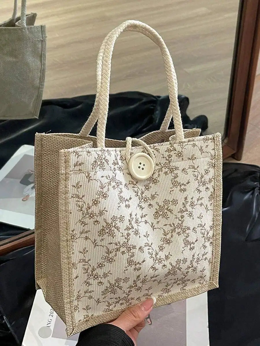 Floral Print Linen Tote Shoulder Bag with Button Closure Design
