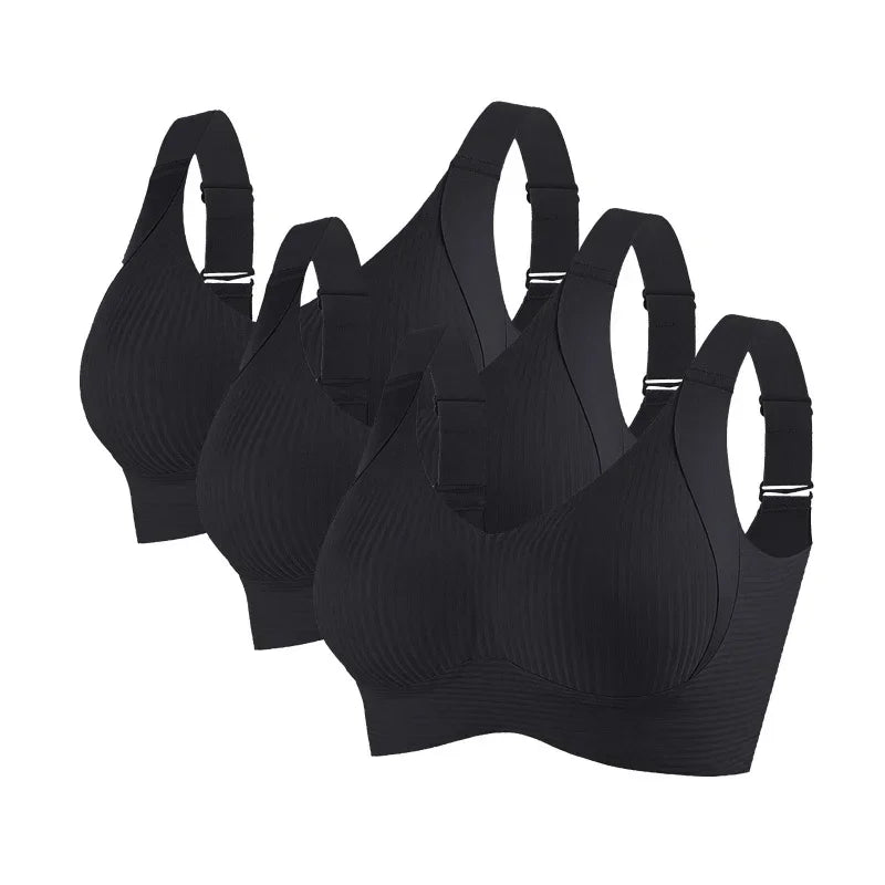 3-Piece Wireless Push-Up Bra Set with Ribbed Texture, V-Neck Design and Adjustable Straps