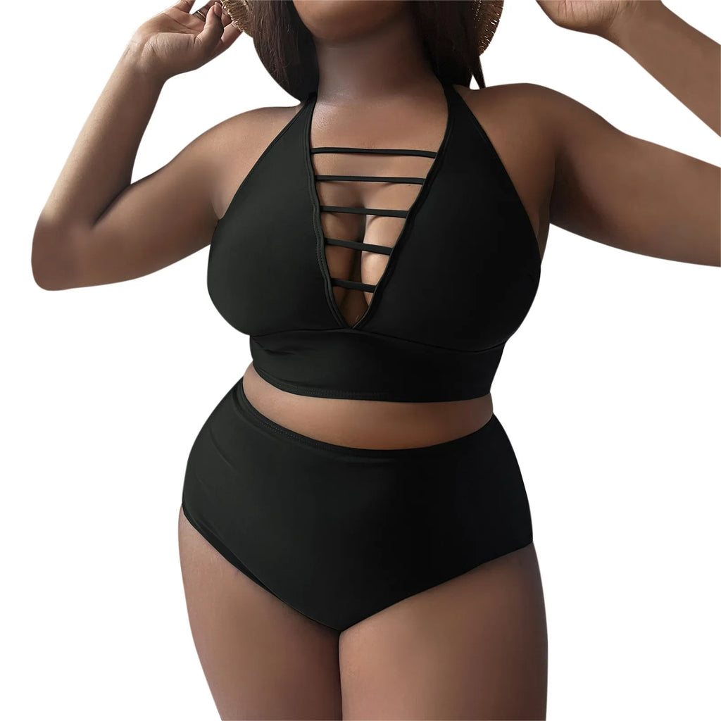 Black Textured High-Waisted Two-Piece Swimsuit with Strappy V-Neck Top and Wide Waistband Detail
