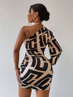 Geometric One Shoulder Bodycon Mini Dress with Lantern Sleeve Statement Design