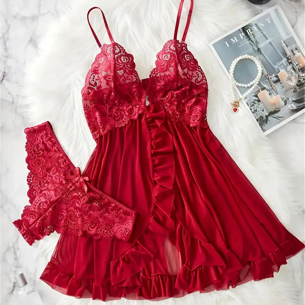 Romantic Red Sheer Mesh Babydoll Set with Embroidered Lace Cups