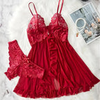 Romantic Red Sheer Mesh Babydoll Set with Embroidered Lace Cups