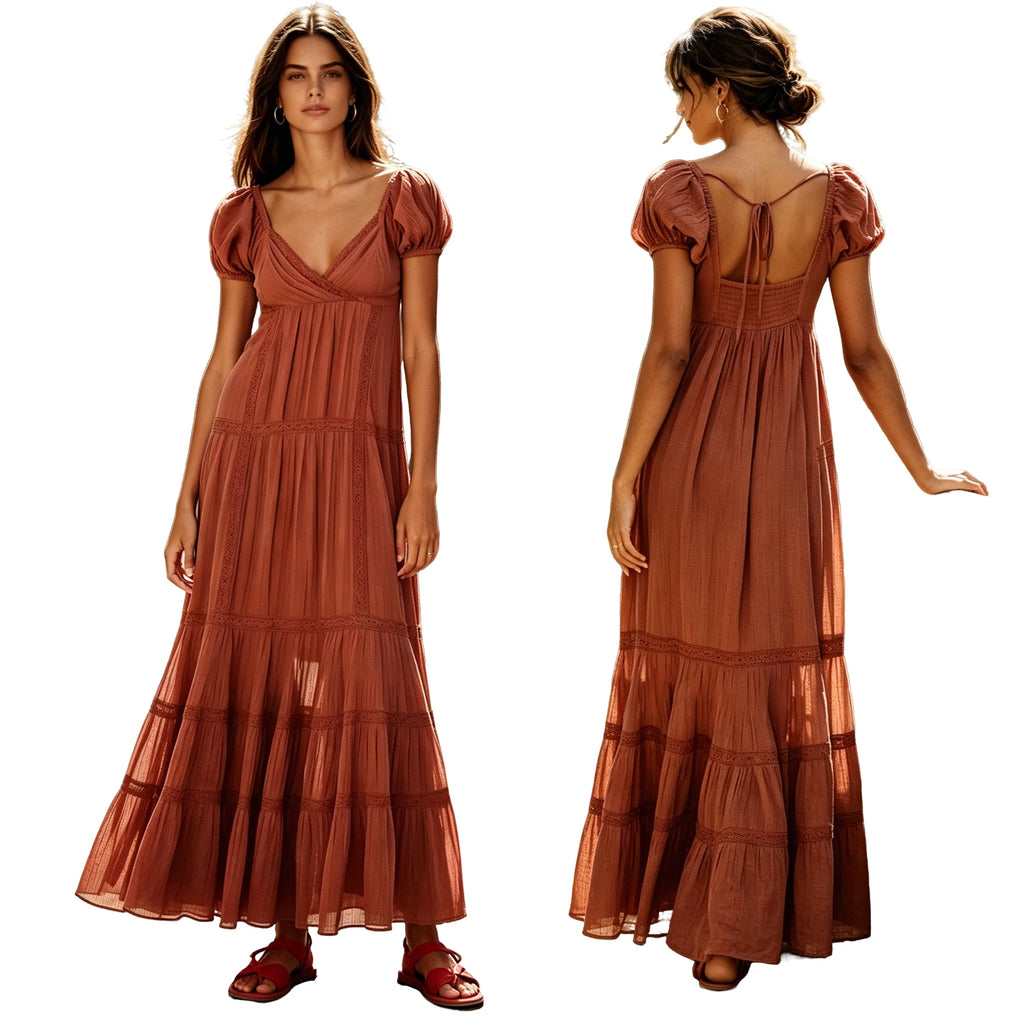 Pleated Maxi Dress With Puff Sleeves And Flowing Silhouette