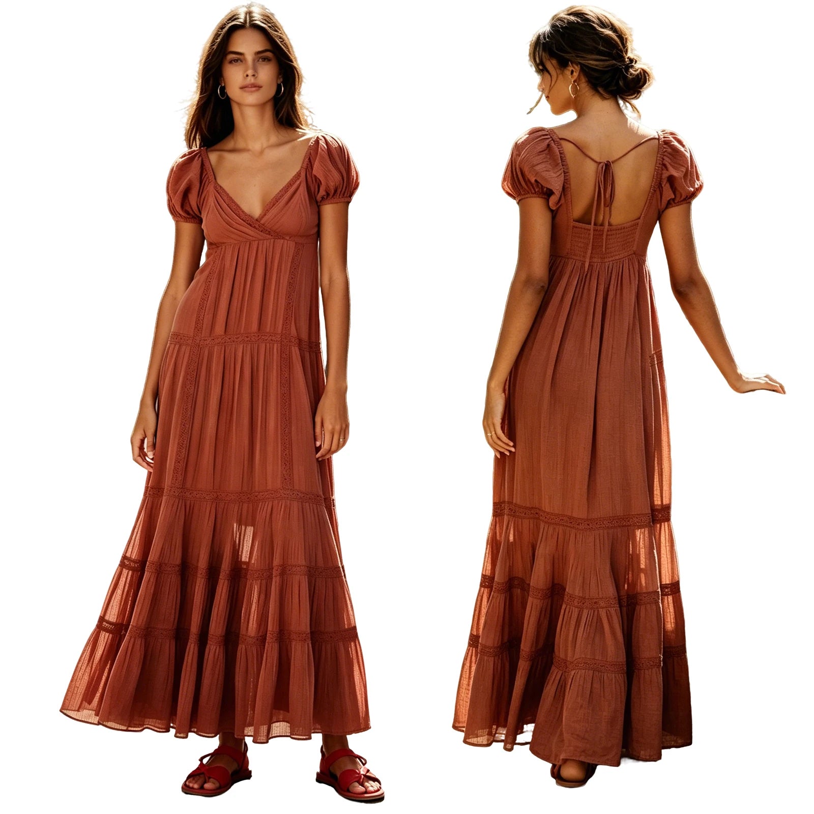 Pleated Maxi Dress With Puff Sleeves And Flowing Silhouette
