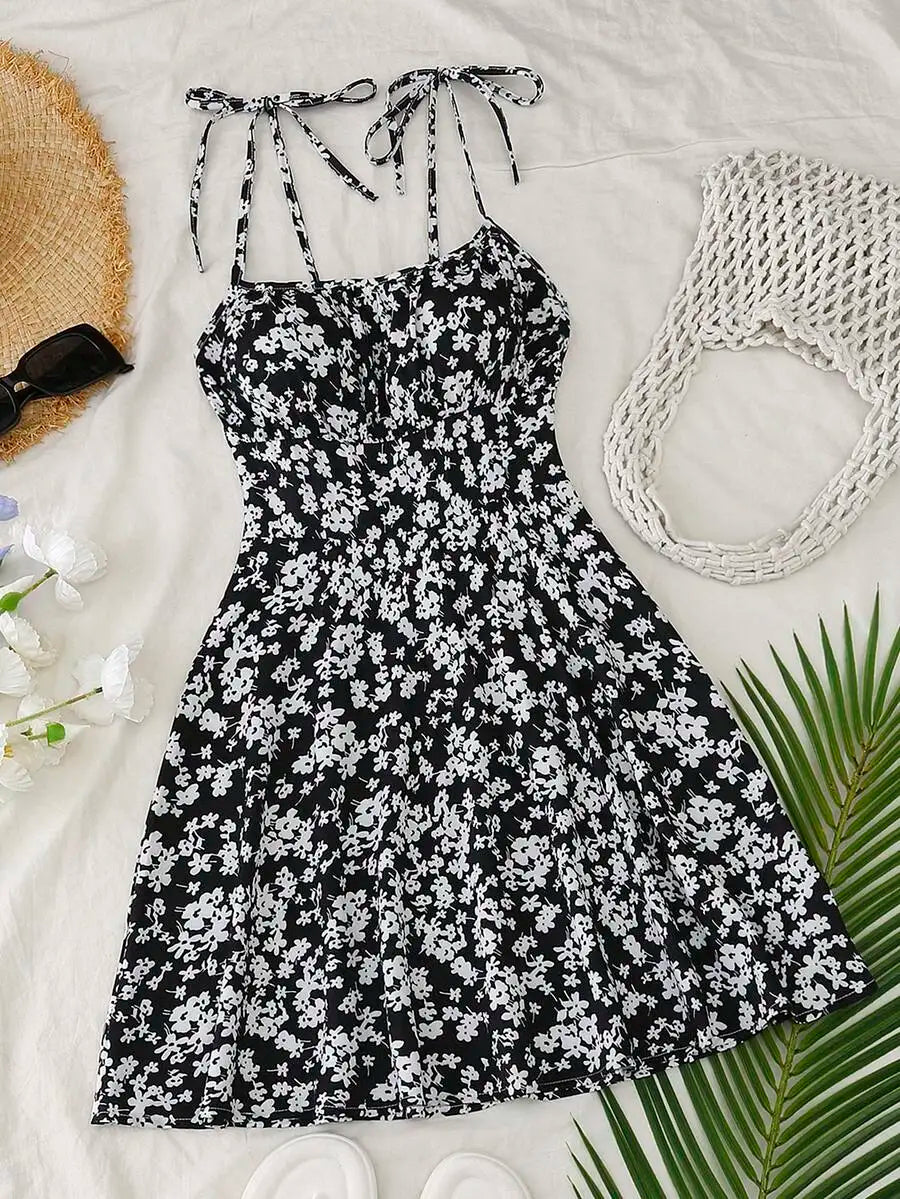 Floral Print Tie Strap A-Line Mini Dress with Lightweight Summer Silhouette