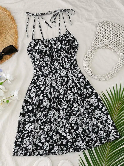 Floral Print Tie Strap A-Line Mini Dress with Lightweight Summer Silhouette