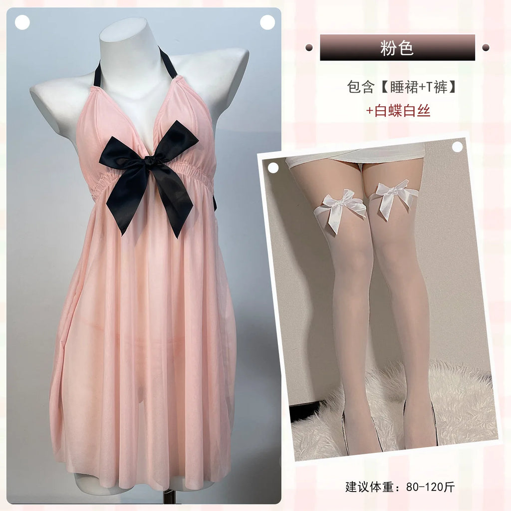 Peach Pleated Mesh Halter Babydoll with Contrast Black Bow Detailing