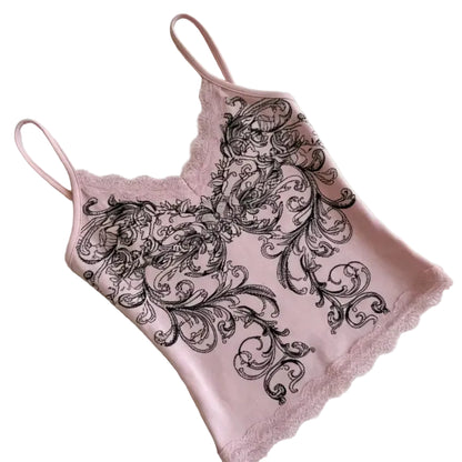 Floral Graphic Lace Camisole Tank Top with Slim Fit Streetwear Inspired Design