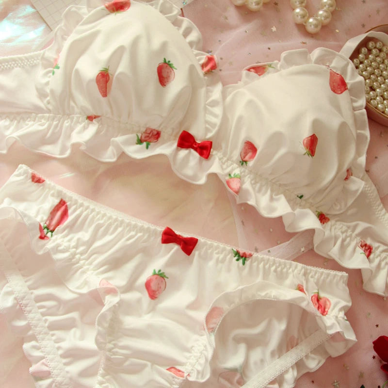 Whimsical Strawberry Print Ruffled Underwire Bra and Panty Set