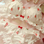 Whimsical Strawberry Print Ruffled Underwire Bra and Panty Set