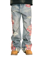 Men's Vintage Wash Flared Denim Jeans with Distressed Patchwork Streetwear Relaxed Fit