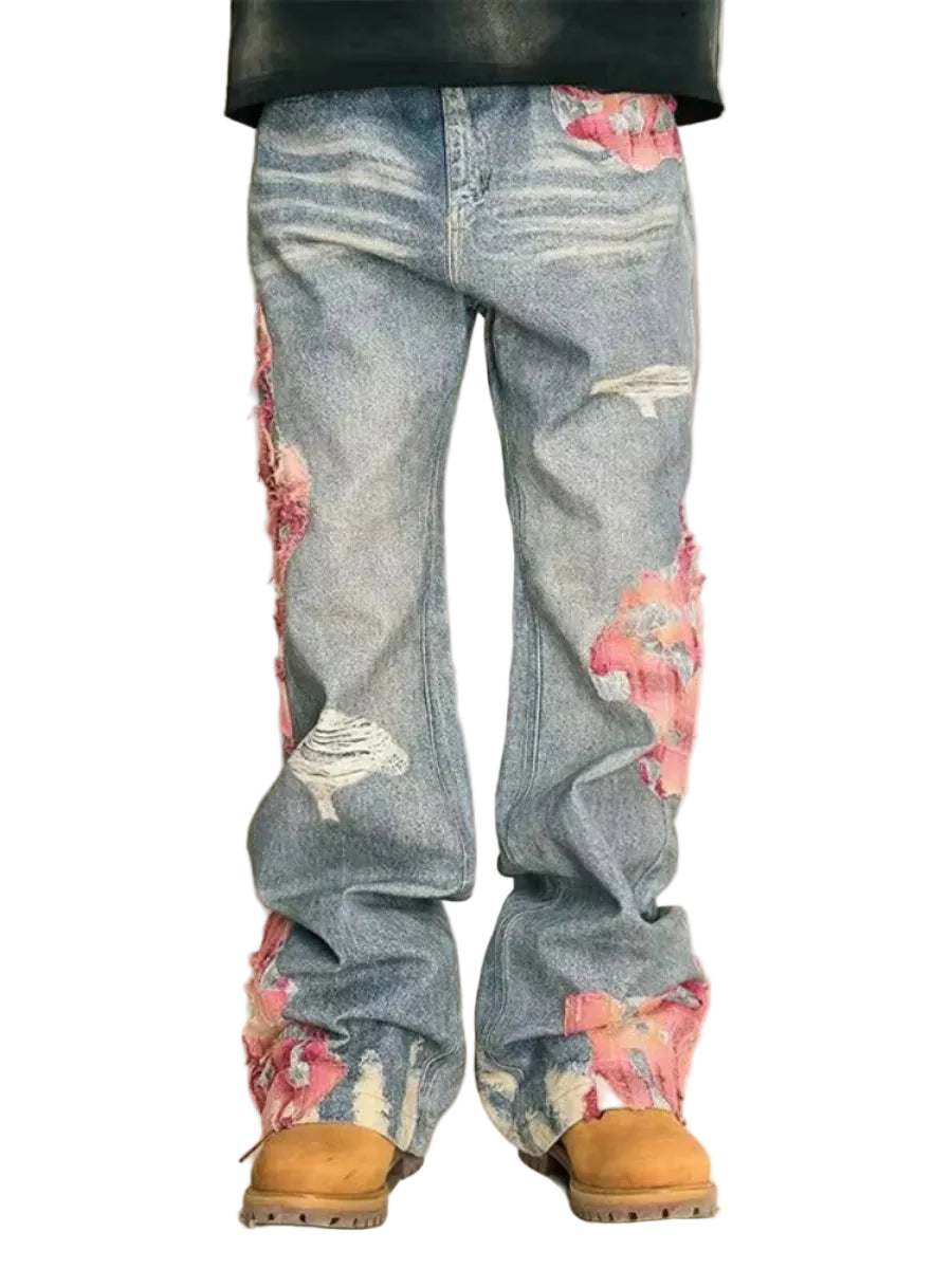 Men's Vintage Wash Flared Denim Jeans with Distressed Patchwork Streetwear Relaxed Fit