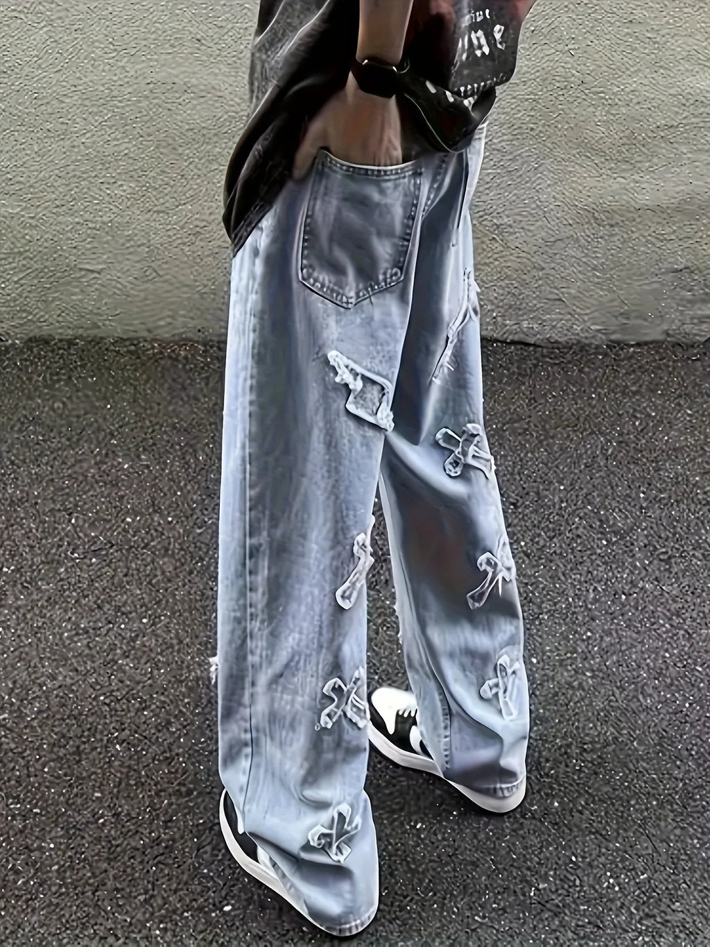 Men's Straight Leg Denim Jeans with Decorative Embroidery Distressed Detail Casual Streetwear Style