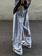 Men's Straight Leg Denim Jeans with Decorative Embroidery Distressed Detail Casual Streetwear Style