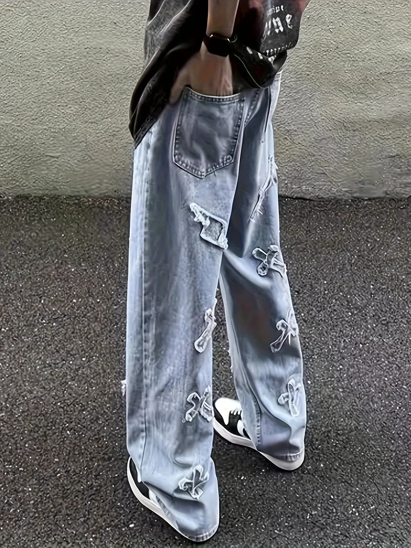 Men's Straight Leg Denim Jeans with Decorative Embroidery Distressed Detail Casual Streetwear Style